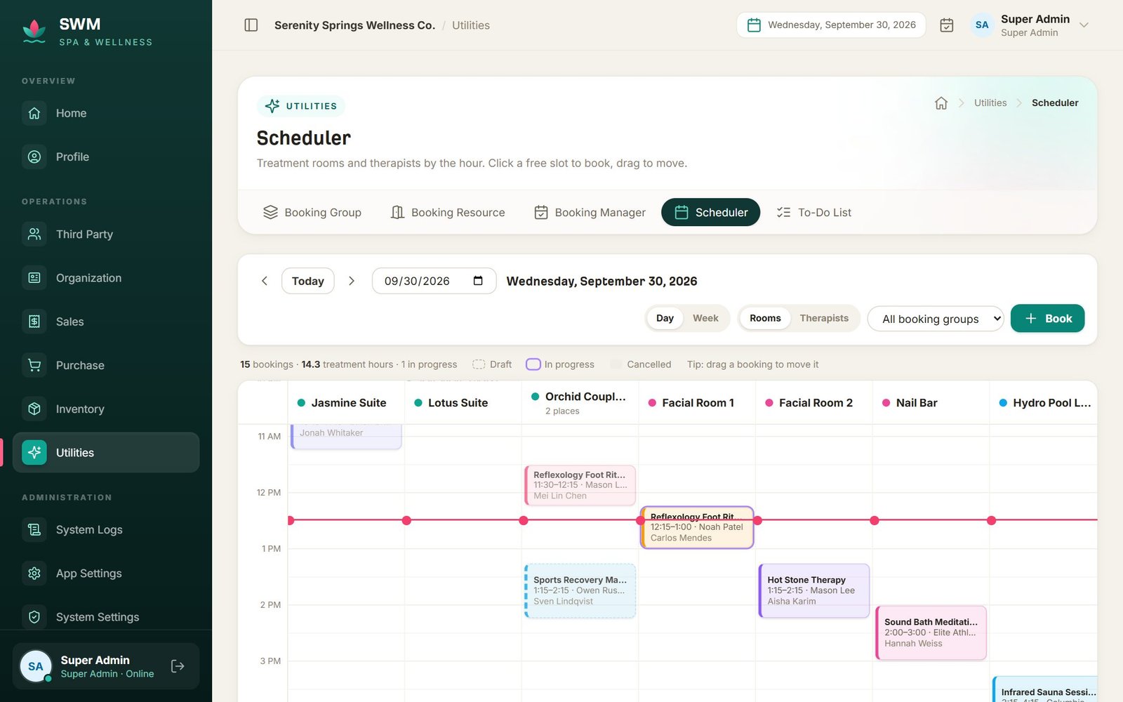 Scheduler day view with bookings across treatment rooms